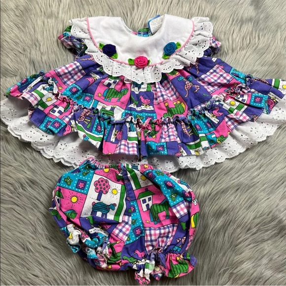 Other - Vintage Martha’s Miniatures Baby Girls Pink Purple Animal Ruffle Dress